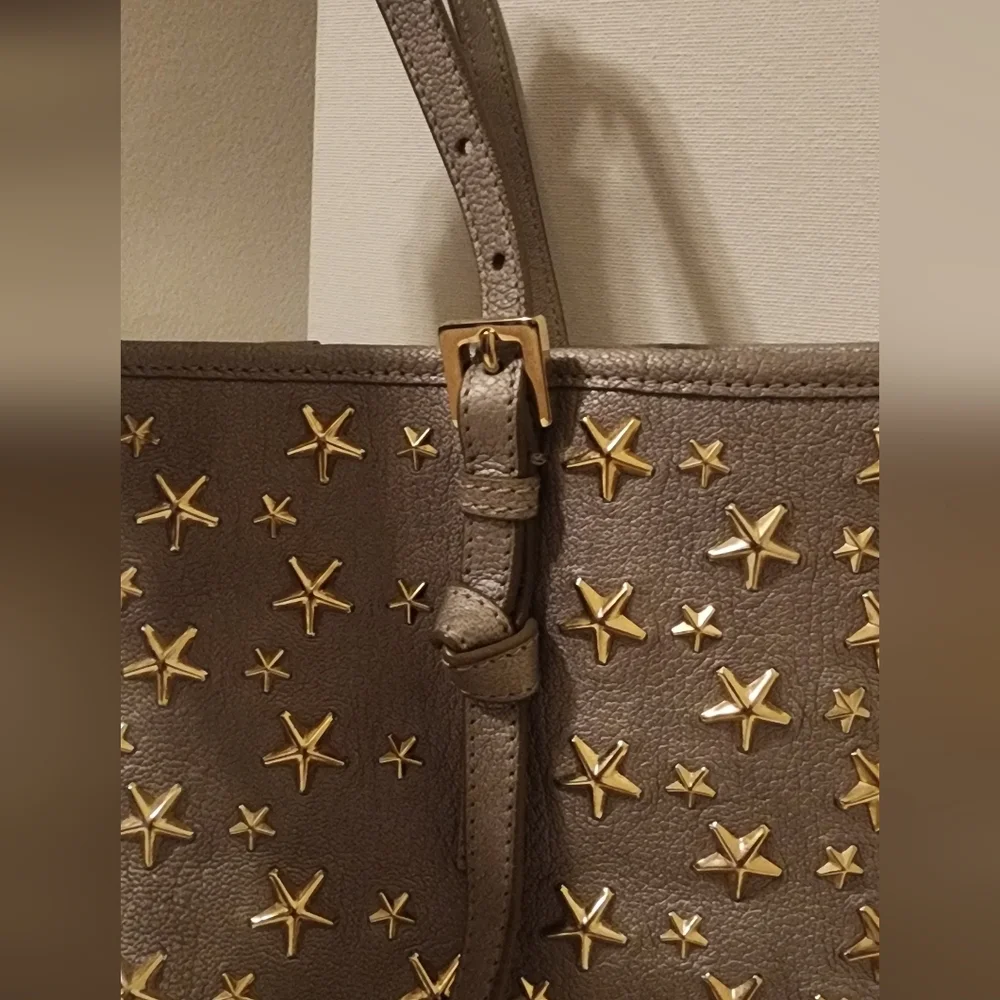 Jimmy Choo's Sasha Star-Studded Gray Metallic, Adjustable Tote Bag - Picture 3 of 10